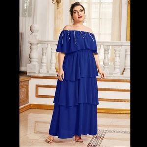 Beaded, off-shoulder, layered, ruffle hem dress.